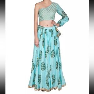 Yuvrani Jaipur Block Printed One Shoulder Top With Flared Skirt Lehenga Saree